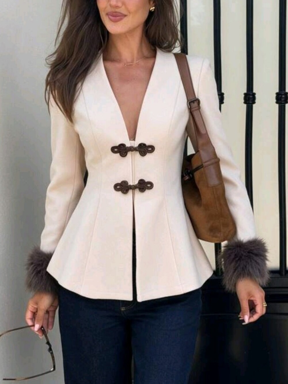 Women's Elegant Jacket With Frog Button Placket And Faux Fur Cuffs - Picture 3 of 8